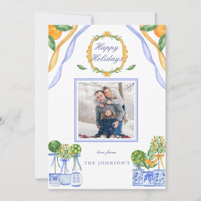 Blue White Chinoiserie Orange Christmas Photo Holiday Card (Front)