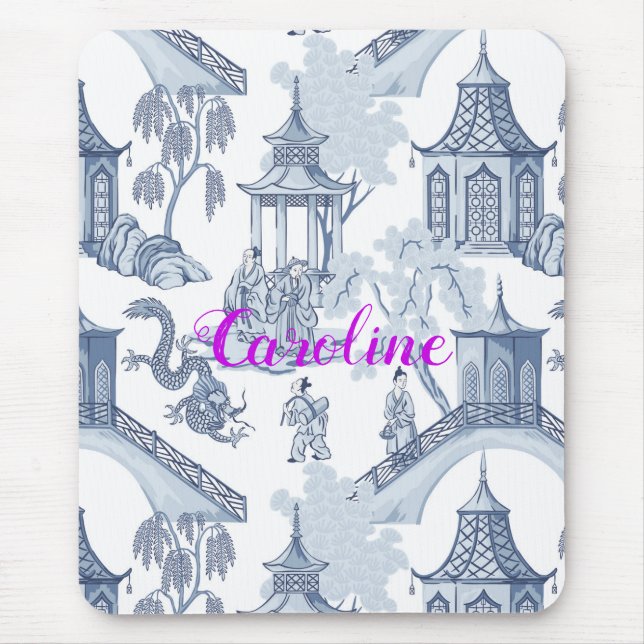 Blue & White Chinoiserie Pattern with Monogram   Mouse Mat (Front)