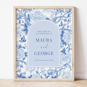 Blue White Chinoiserie Peony Bird Wedding Welcome Poster