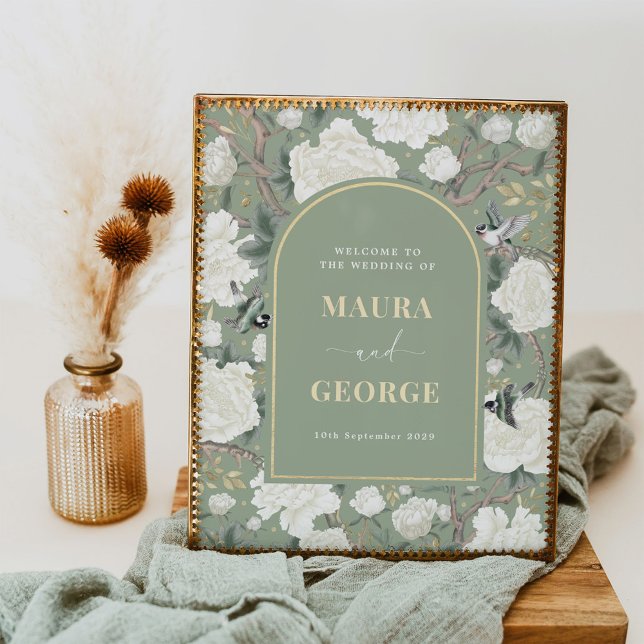 Blue White Chinoiserie Peony Bird Wedding Welcome Poster (Creator Uploaded)