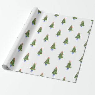 Blue White Chinoiserie Pottery Christmas Tree Gift Wrapping Paper