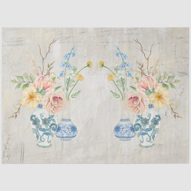 Blue White Chinoiserie Rose Peony Floral Bouquet Tissue Paper (Front)