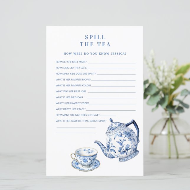 Blue & White Chinoiserie Spill the Tea Shower Game (Standing Front)