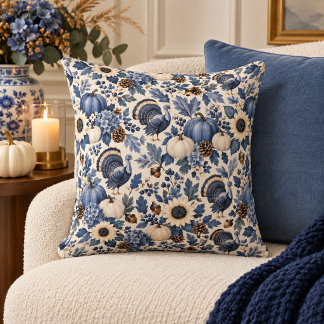 Blue White Chinoiserie Thanksgiving Turkey Floral Cushion