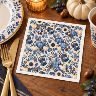 Blue White Chinoiserie Thanksgiving Turkey Floral Napkin