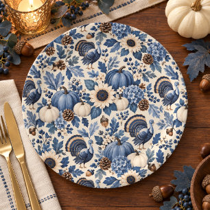 Blue White Chinoiserie Thanksgiving Turkey Floral Paper Plate