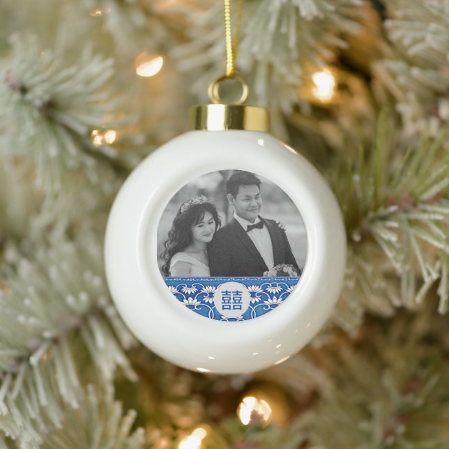 Blue & white  Chinoiserie -wedding  Ceramic Ball Christmas Ornament (Tree)