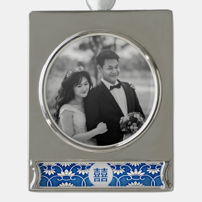 Blue & white  Chinoiserie -wedding Silver Plated Banner Ornament (Front)