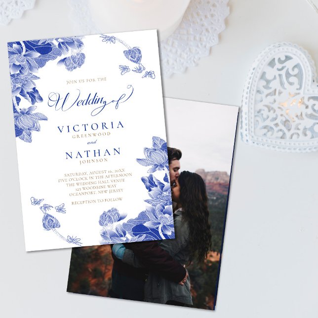 Blue White Chinoiserie with Photo Floral Wedding   Invitation (Creator Uploaded)