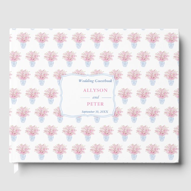 Blue White Chinoiserie With Pink Blossoms Wedding Guest Book (Front)