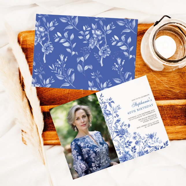Blue White Chinoiserie Women 40th Birthday Photo Invitation (Creator Uploaded)