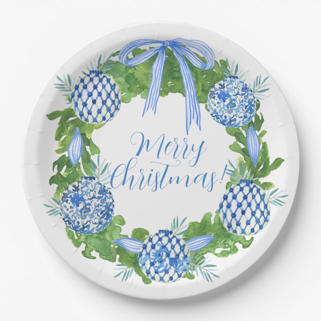 Blue & White Chinoiserie Wreath Christmas Paper Plate (Front)