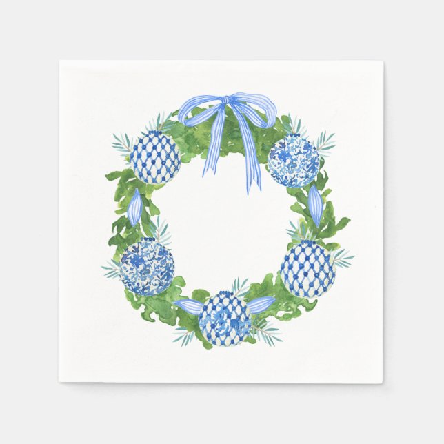 Blue & White Chinoiserie Wreath ,Grandmillenial Napkin (Front)