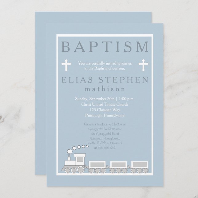 Blue | White Choo Choo Train Boy Baptism Invitation (Front/Back)