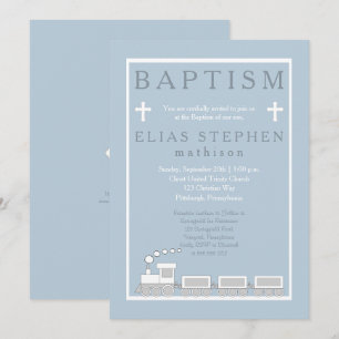 Blue   White Choo Choo Train Boy Baptism Invitation