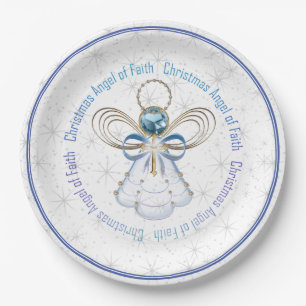 Blue & White Christmas Angel of Faith & Stars Paper Plate