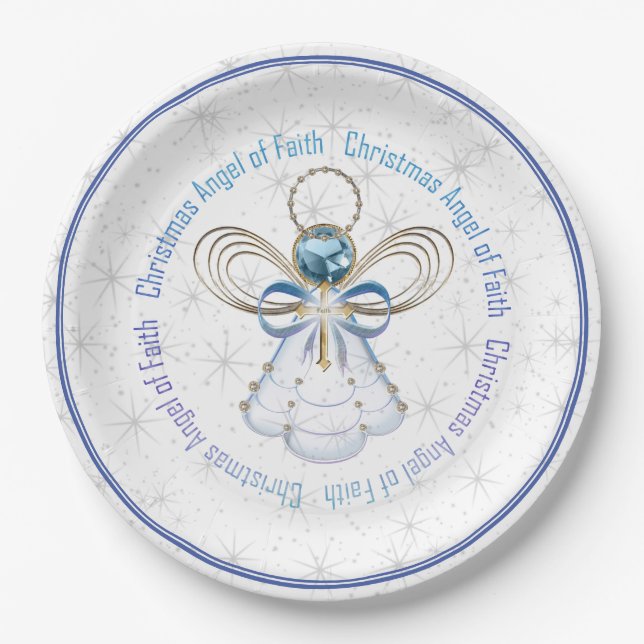 Blue & White Christmas Angel of Faith & Stars Paper Plate (Front)