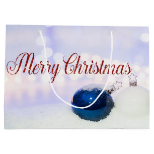 Blue White Christmas Balls, Merry Christmas Large Gift Bag
