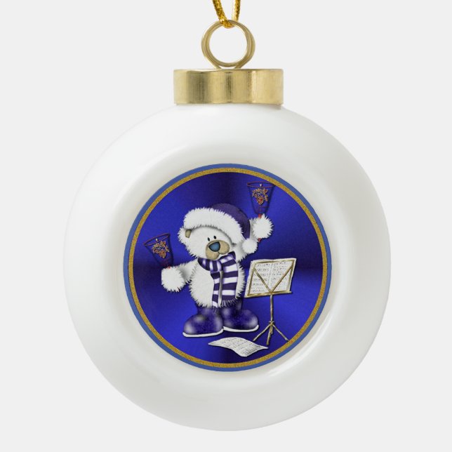 Blue & White Christmas Bear Ball Ornament (Front)