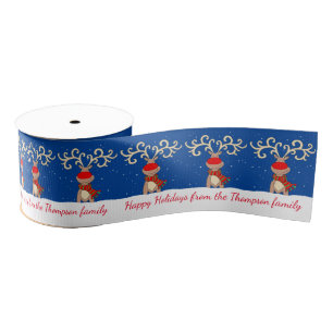 Blue white Christmas big antlers reindeer ribbon Grosgrain Ribbon