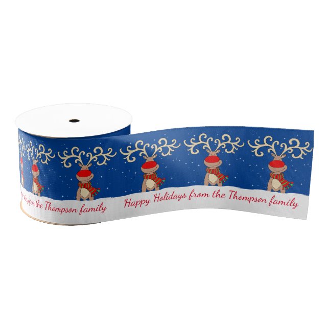 Blue white Christmas big antlers reindeer ribbon Grosgrain Ribbon (Spool)