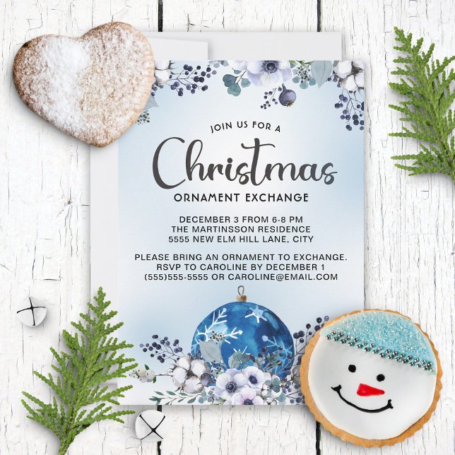 Blue White Christmas Floral Ornament Exchange  Invitation (Creator Uploaded)