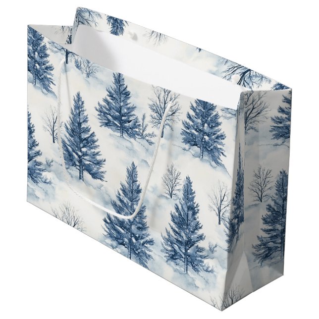 Blue White Christmas Pine Trees Large Gift Bag (Front Angled)