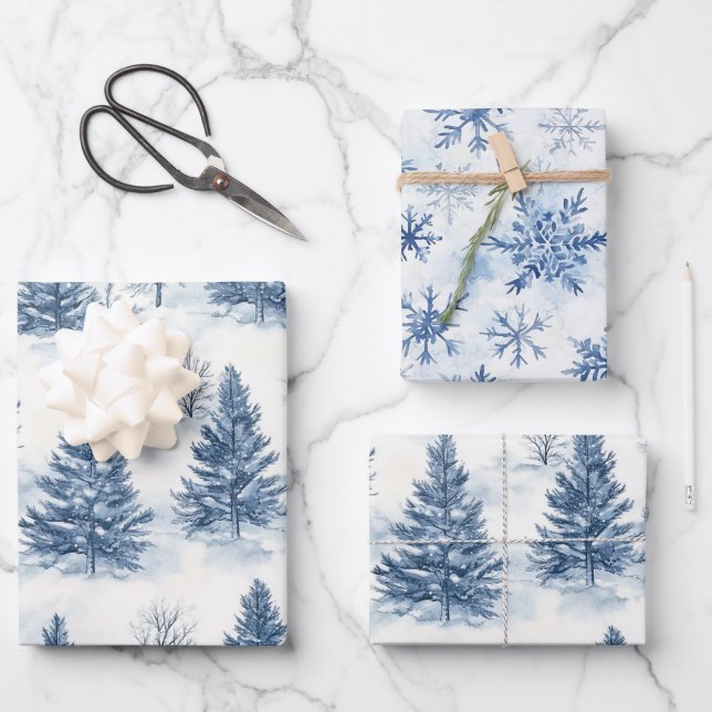 Blue White Christmas Pine Trees Snowflakes Wrapping Paper Sheet (Front)