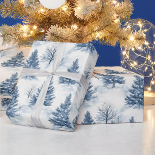 Blue White Christmas Pine Trees Wrapping Paper