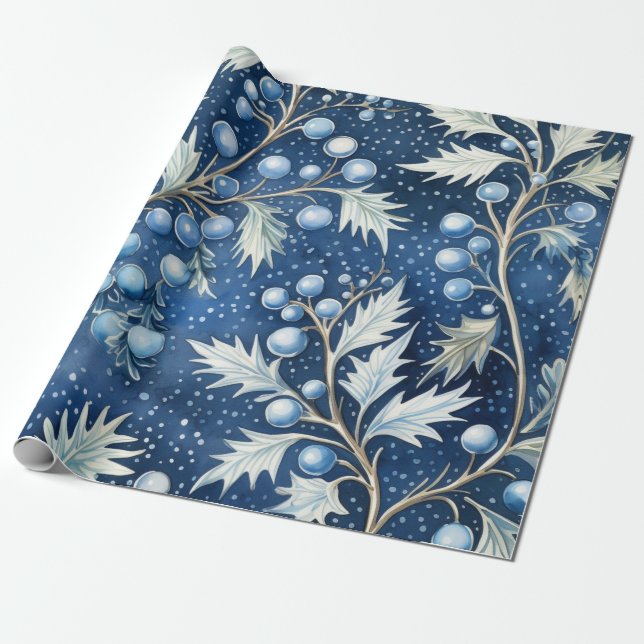 Blue & White Christmas Pointsettia Leaves  Wrapping Paper (Unrolled)