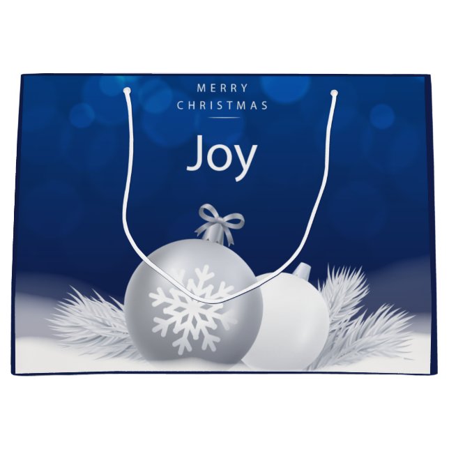 Blue white Christmas snow baubles joy snowflake Large Gift Bag (Front)