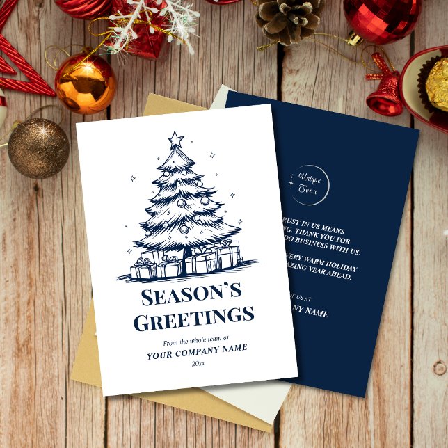 Blue & White Christmas Tree Custom Business Logo  Holiday Card (Creator Uploaded)