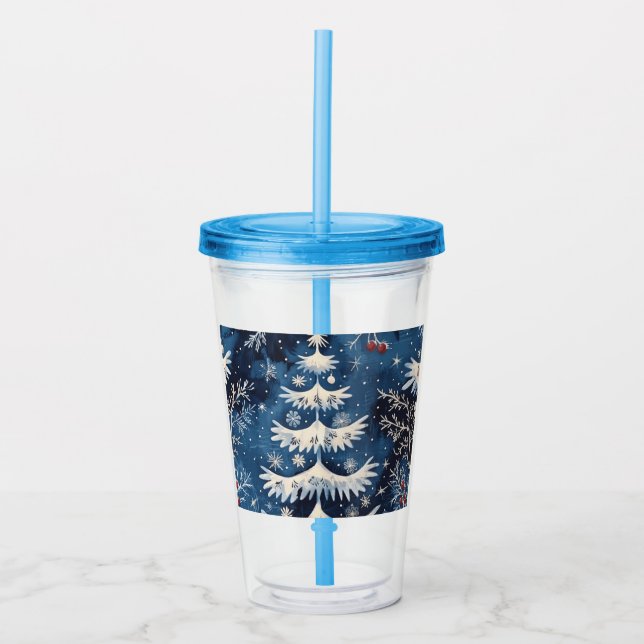 Blue White Christmas Tree Holiday Acrylic Tumbler (Front)