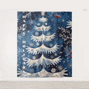 Blue White Christmas Tree Holiday Backdrop Tapestry