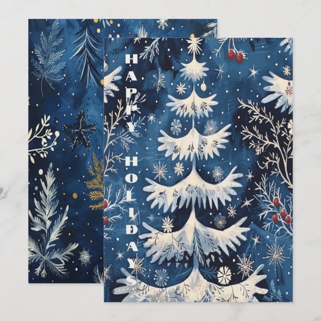 Blue White Christmas Tree Holiday Card (Front/Back)