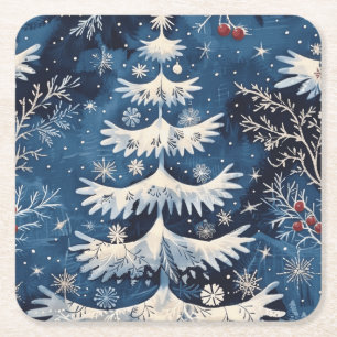 Blue White Christmas Tree Holiday Paper Coaster
