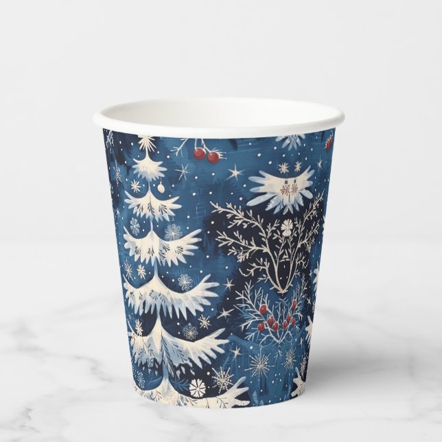 Blue White Christmas Tree Holiday Paper Cups (Front)