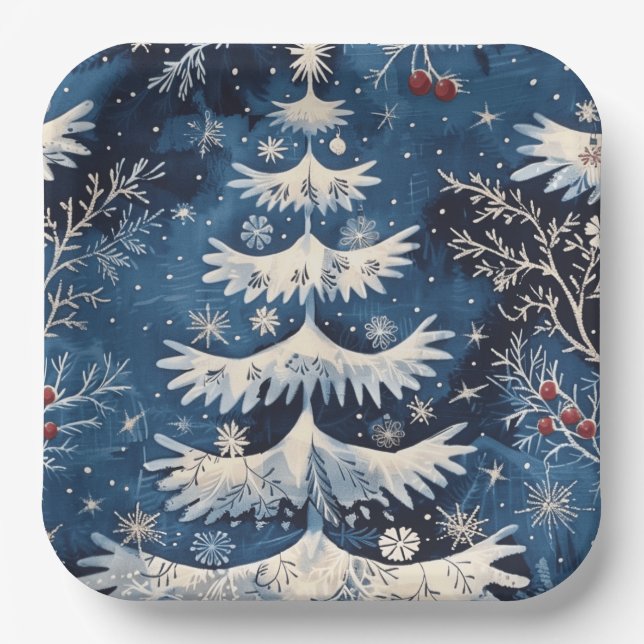 Blue White Christmas Tree Holiday Paper Plate (Front)