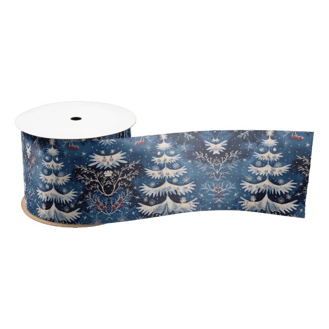 Blue White Christmas Tree Holiday Satin Ribbon (Spool)