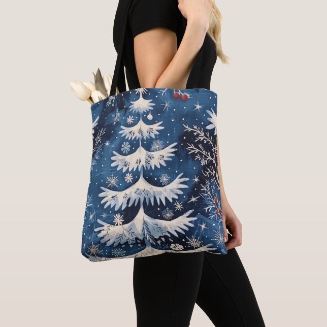 Blue White Christmas Tree Holiday Tote Bag (Close Up)