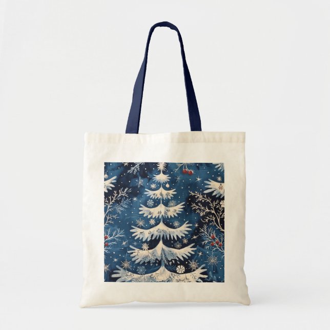 Blue White Christmas Tree Holiday Tote Bag (Front)