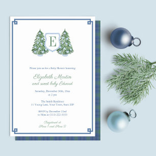 Blue White Christmas Tree Monogram Baby Shower Invitation