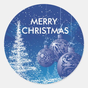 Blue & White Christmas Tree & Ornaments Classic Round Sticker
