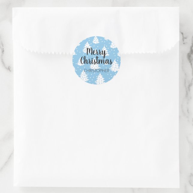  Blue White Christmas Tree Pattern  Classic Round Sticker (Bag)