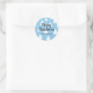 Blue White Christmas Tree Pattern  Classic Round Sticker