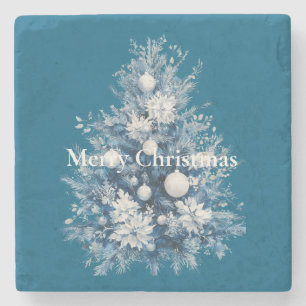 Blue White Christmas Tree Stone Coaster