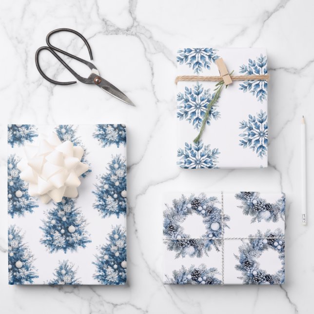 Blue White Christmas Tree Wrapping Paper Sheet (Front)