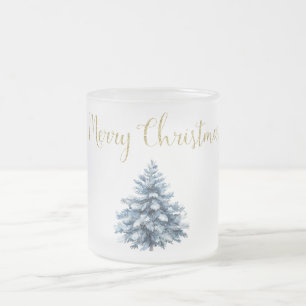 Blue White Christmas Trees Frosted Glass Coffee Mug