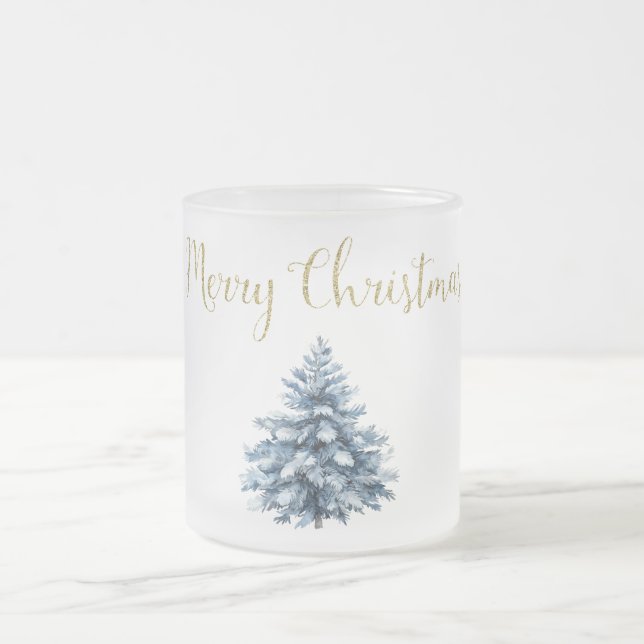 Blue White Christmas Trees Frosted Glass Coffee Mug (Center)