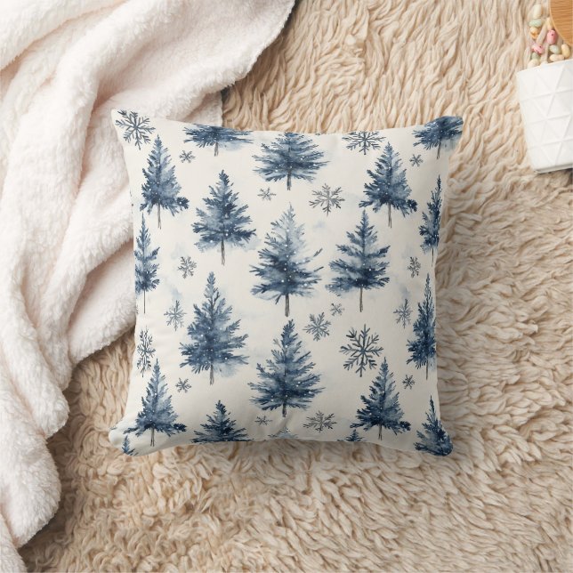 Blue White Christmas Trees Snowflakes Cushion (Blanket)